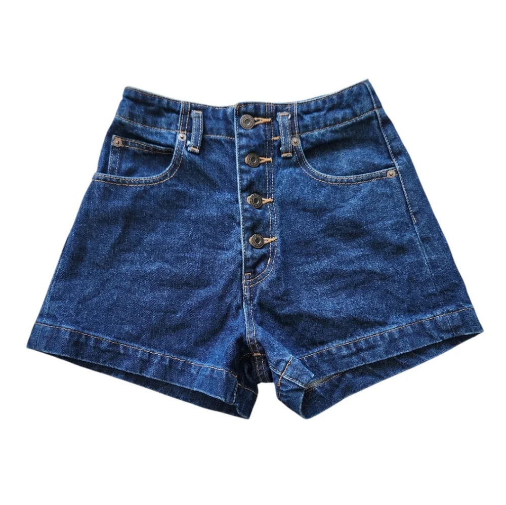 MOUSSY High Waist Denim Shorts Womens Sz 0 Dark Wash Button Fly Exposed 3